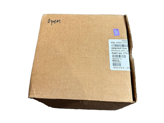 Cardboard box with fire alarm speaker visual appliance label, part no. 0743, marked 'Open'