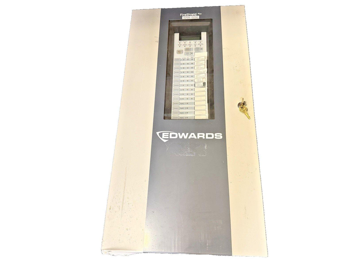 Edwards FireShield Plus fire alarm control panel with keypad and key lock, used fire safety equipment