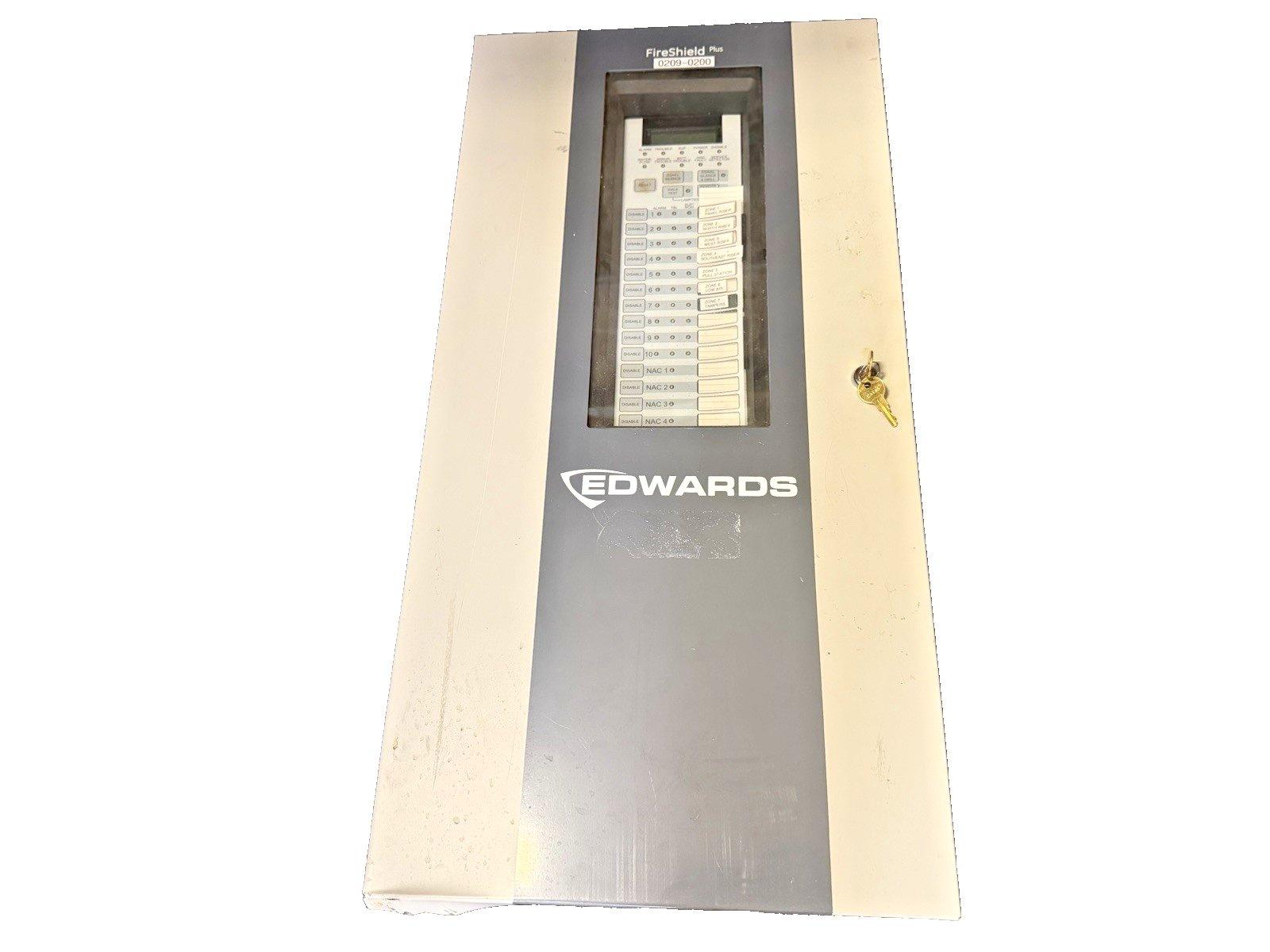 Edwards FireShield Plus fire alarm control panel with keypad and key lock, used fire safety equipment