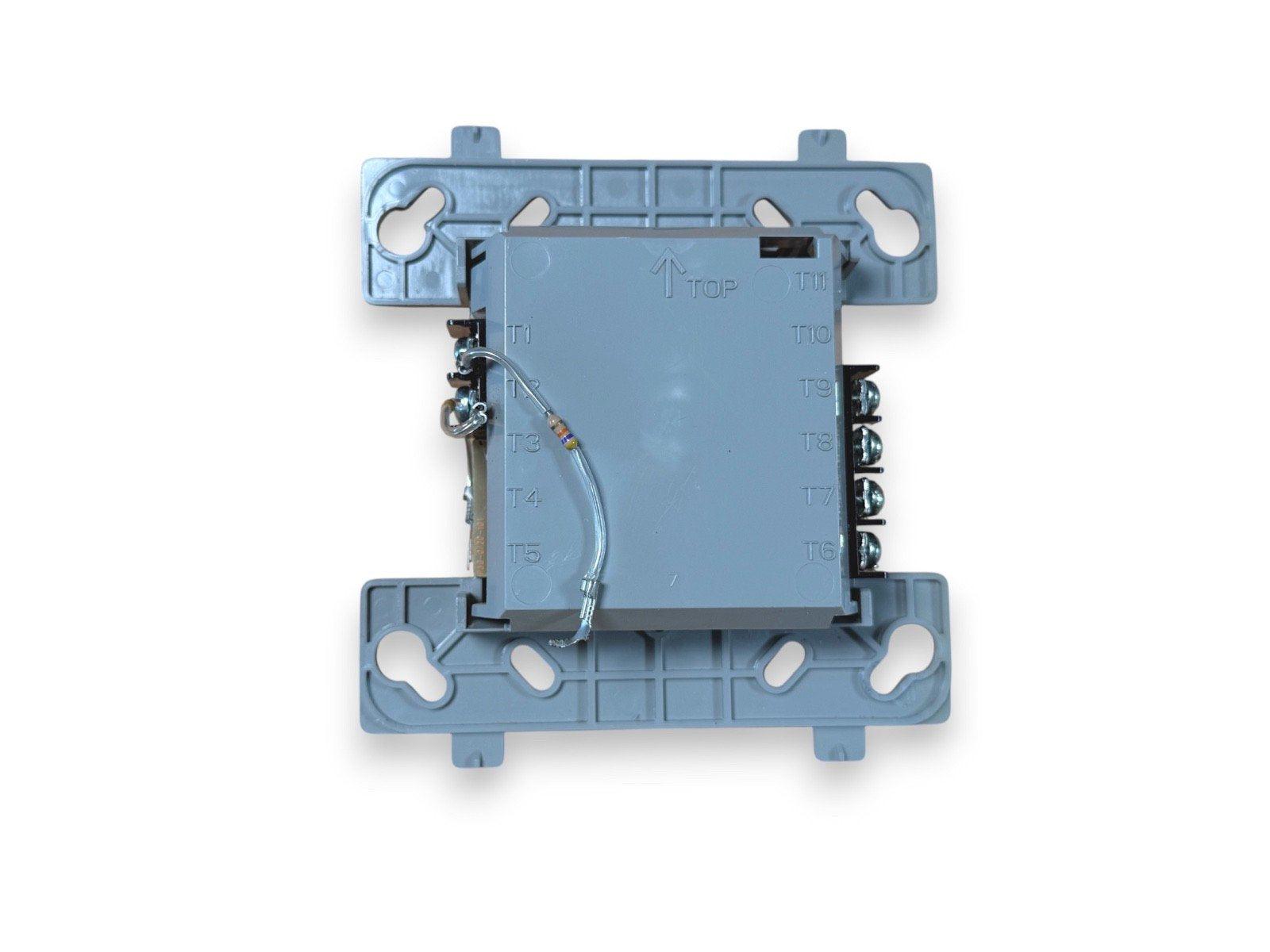Fire alarm control module with terminal connections and mounting bracket, labeled T1-T11 for wiring