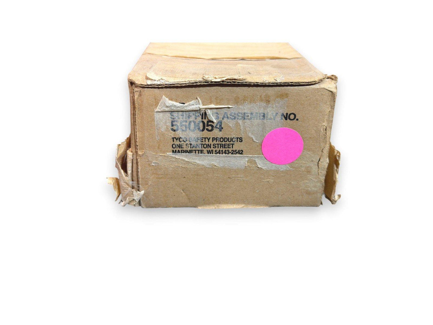 Used Tyco fire alarm equipment box, assembly no. 550054, surplus safety product packaging