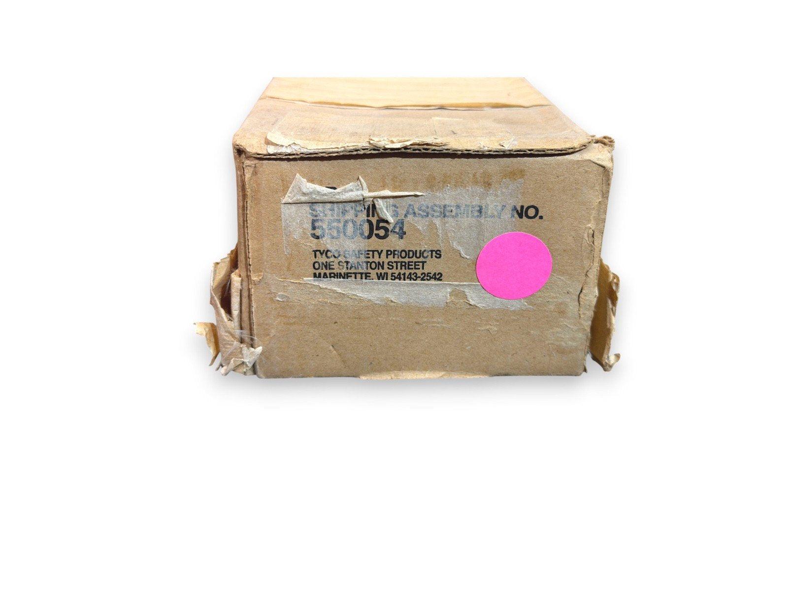 Used Tyco fire alarm equipment box, assembly no. 550054, surplus safety product packaging