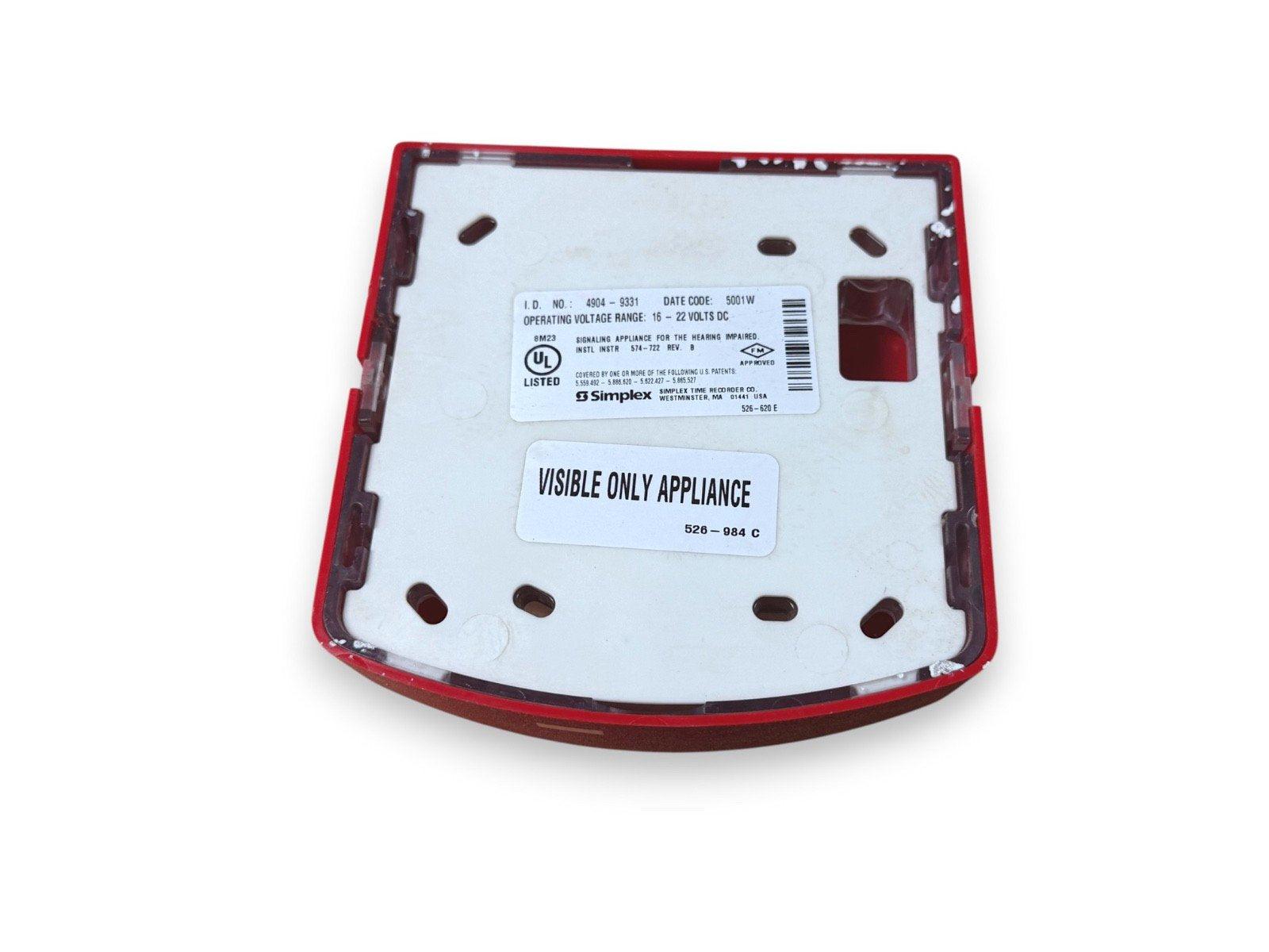 Simplex fire alarm strobe backplate with UL listing and visible-only label, 16-22V DC operation