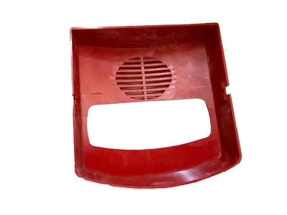 Red fire alarm speaker cover with vented grille and label slot for emergency notification systems