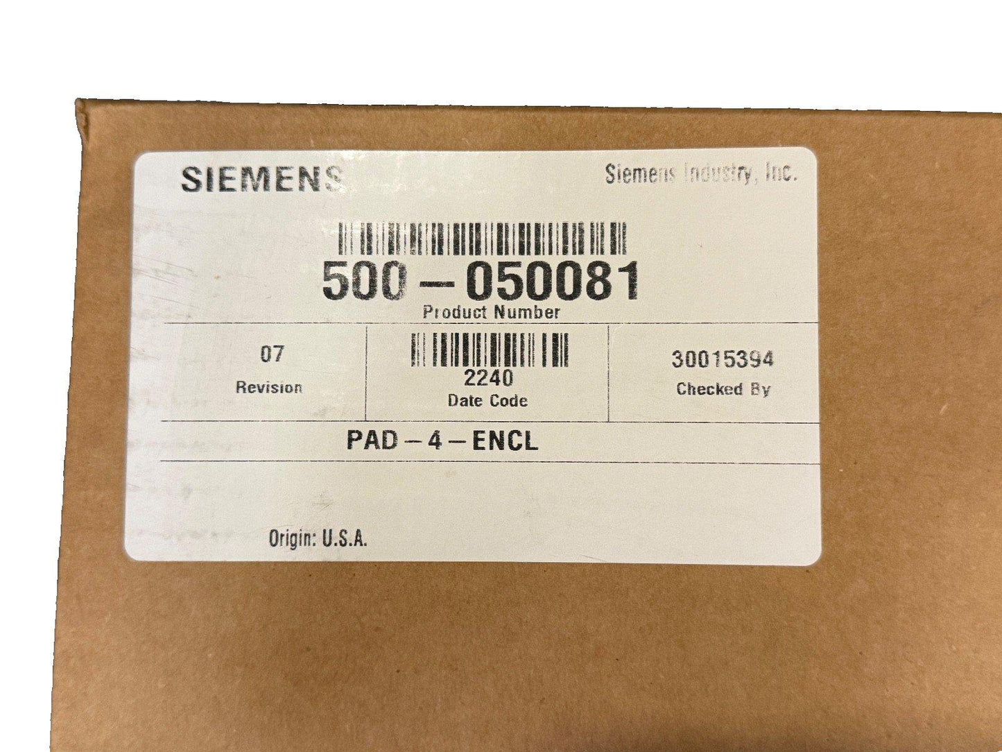 Siemens fire alarm device PAD-4-ENCL in original packaging, product #500-050081, made in USA