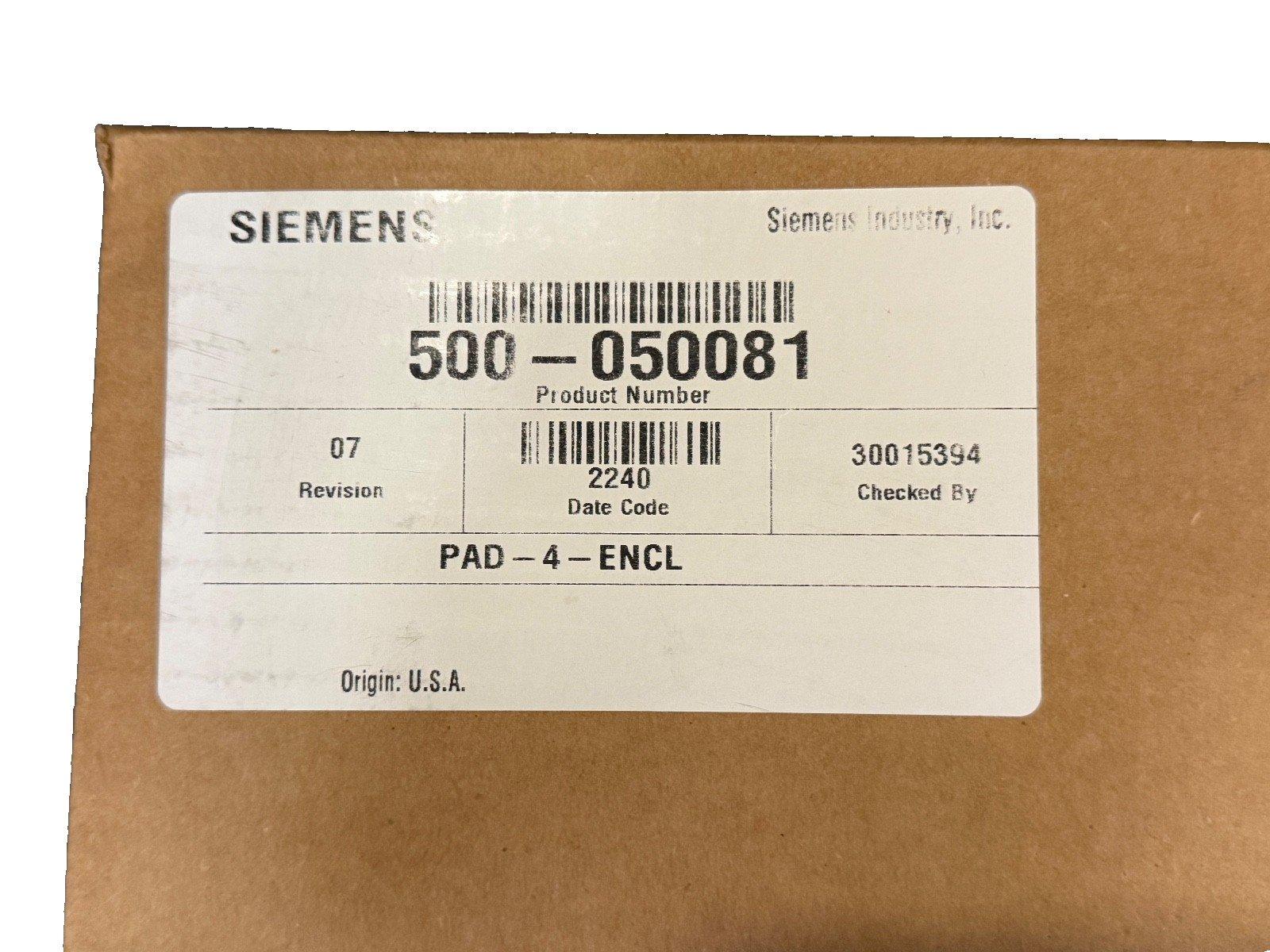Siemens fire alarm device PAD-4-ENCL in original packaging, product #500-050081, made in USA