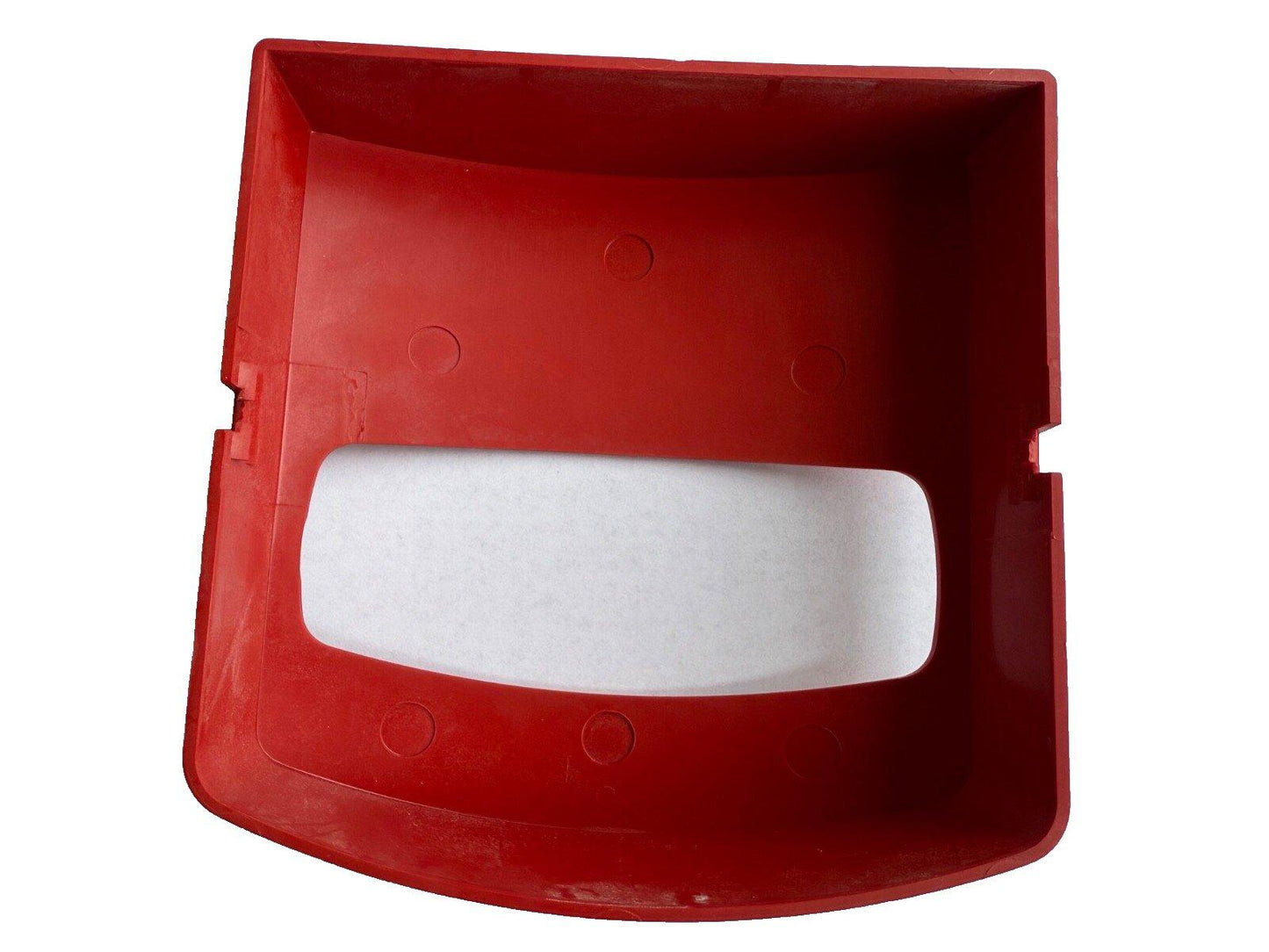 Red fire alarm pull station cover with white insert, used for emergency fire safety systems