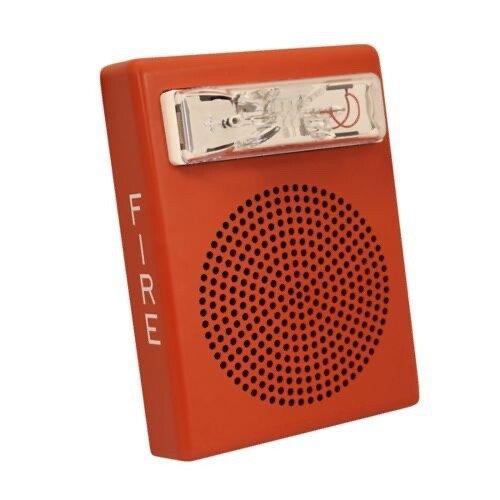 Red fire alarm horn strobe with 'FIRE' label, used for emergency warning systems