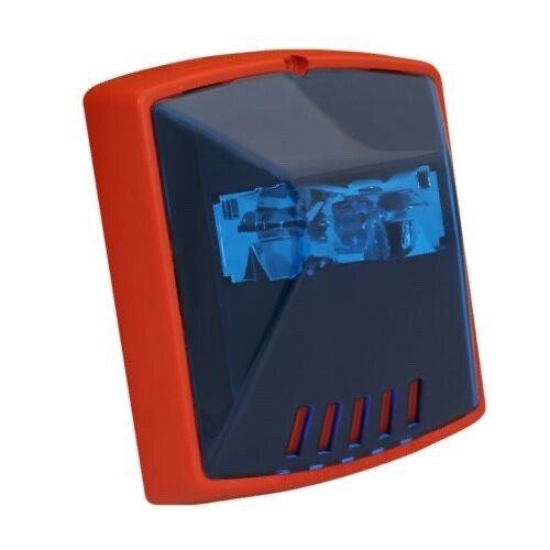 Red fire alarm strobe light with blue lens and speaker vents for emergency warning systems