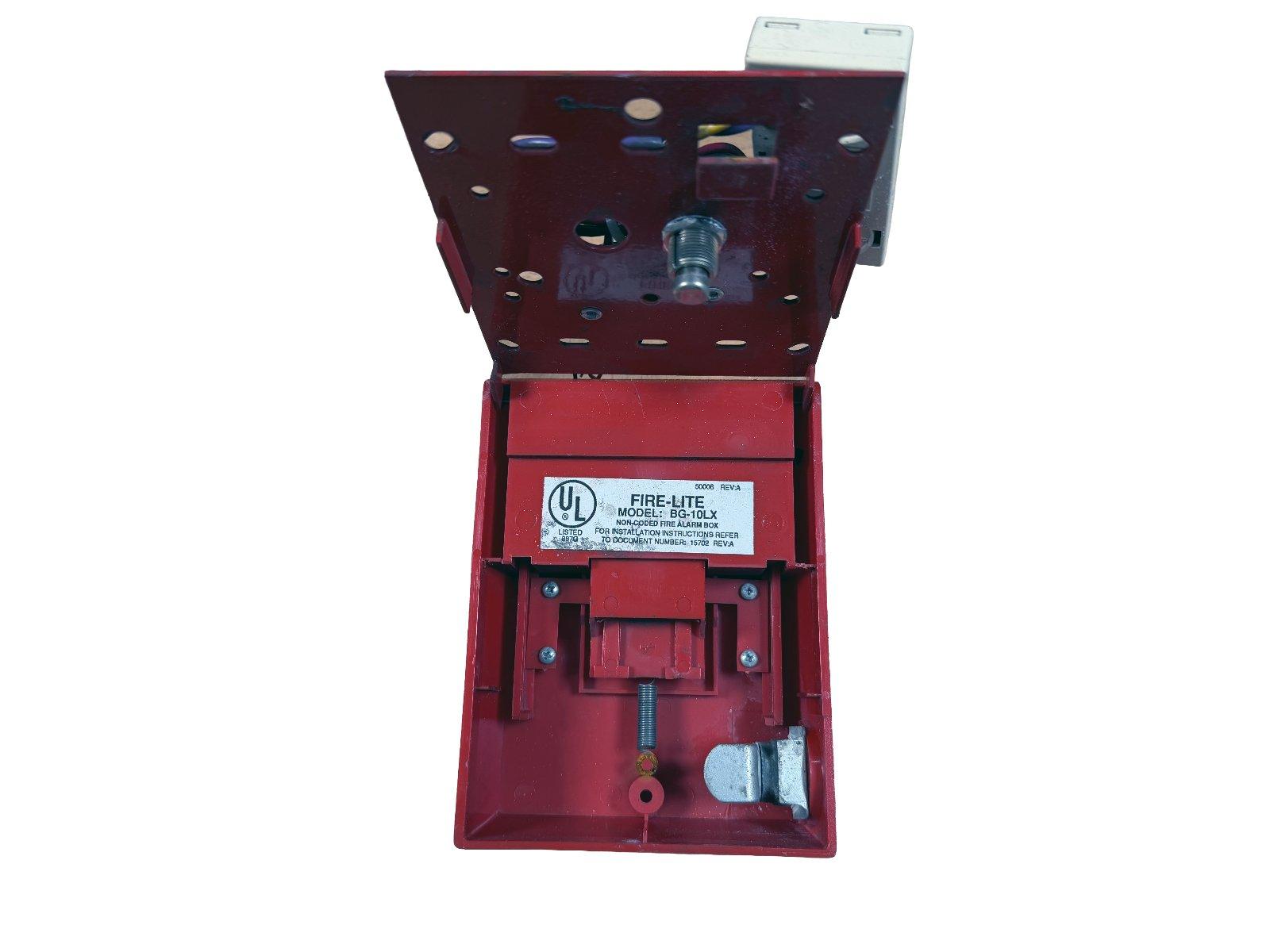 Fire-Lite BG-10LX non-coded fire alarm box, red metal housing with UL label, open view showing internal components