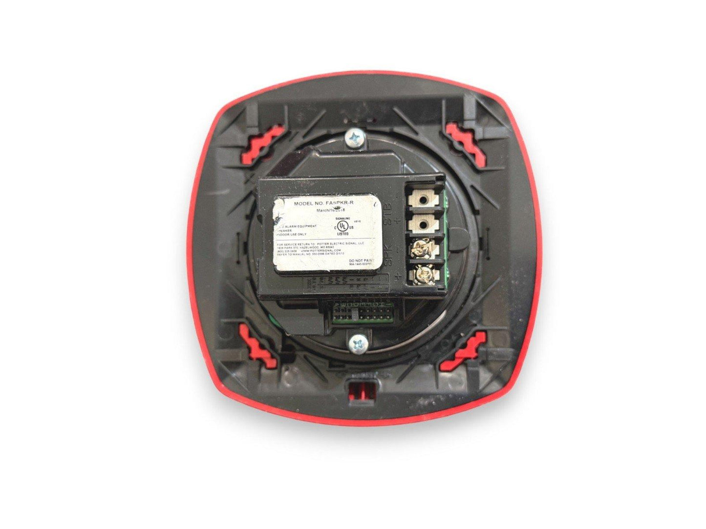 Fire alarm horn strobe back view with wiring terminals and model label, red and black housing