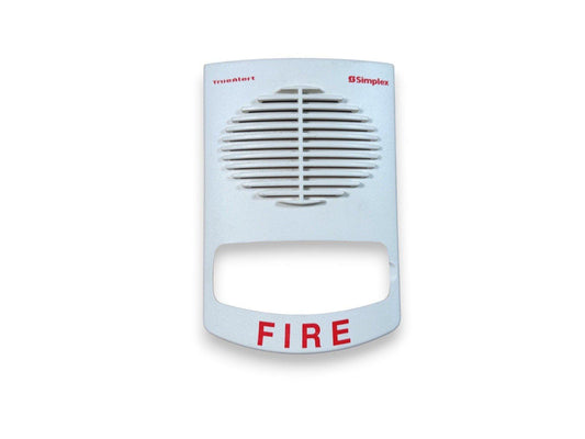 Simplex TrueAlert fire alarm horn with red FIRE label and speaker grille