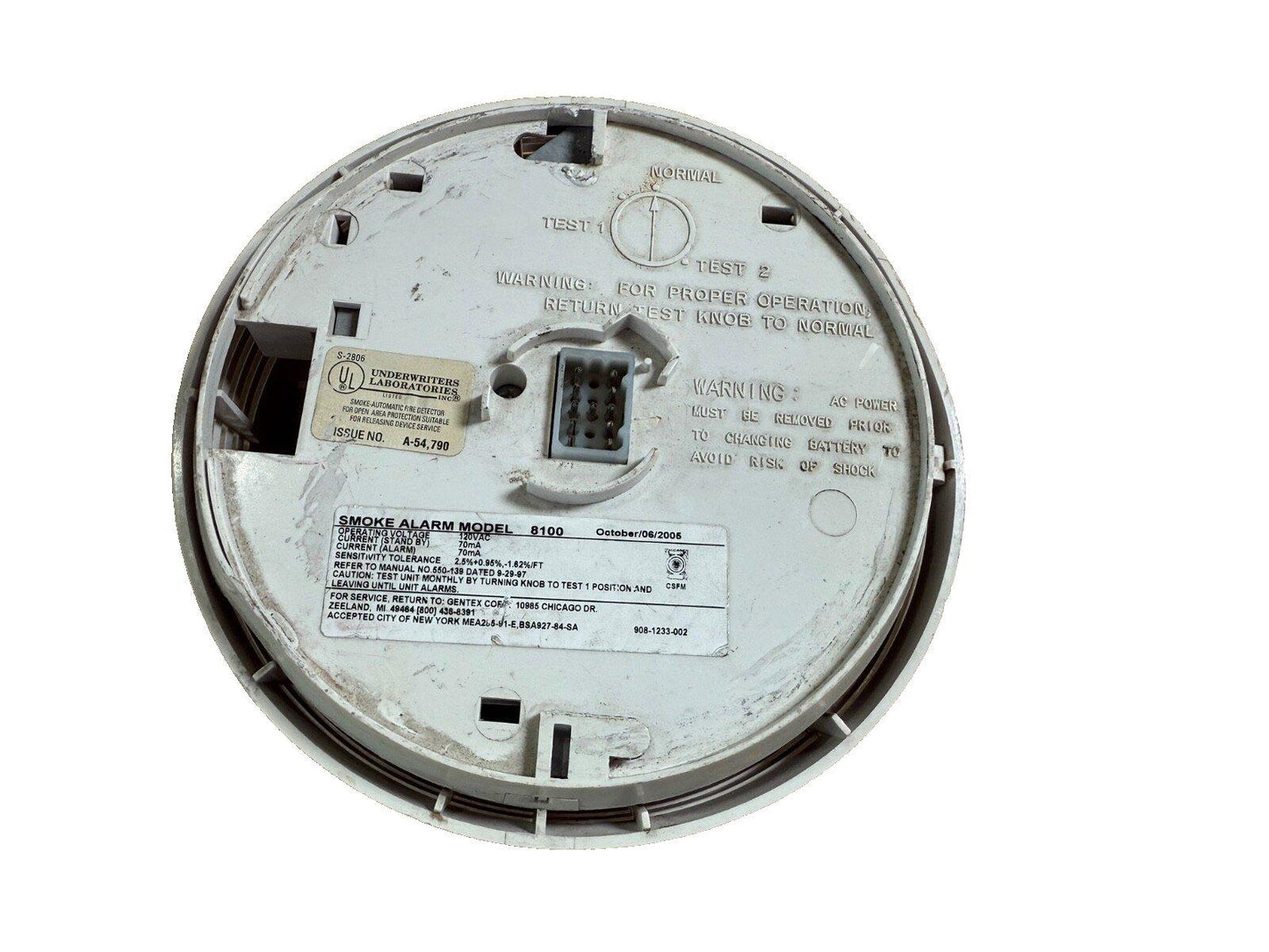 Used Gentex Model 8100 smoke alarm with test knob, UL listed, for fire safety systems
