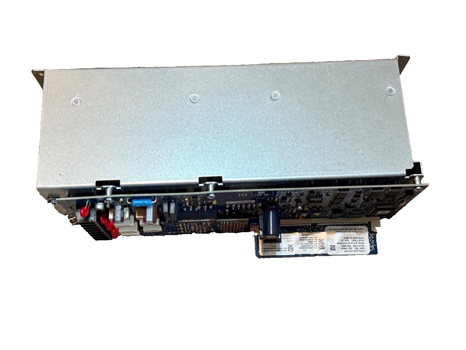Used fire alarm control panel with exposed circuit board and connectors, silver metal casing