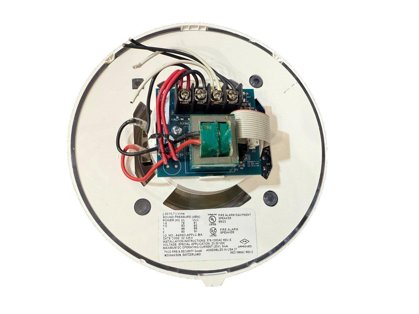 Fire alarm speaker with wiring and circuit board, UL listed for safety compliance
