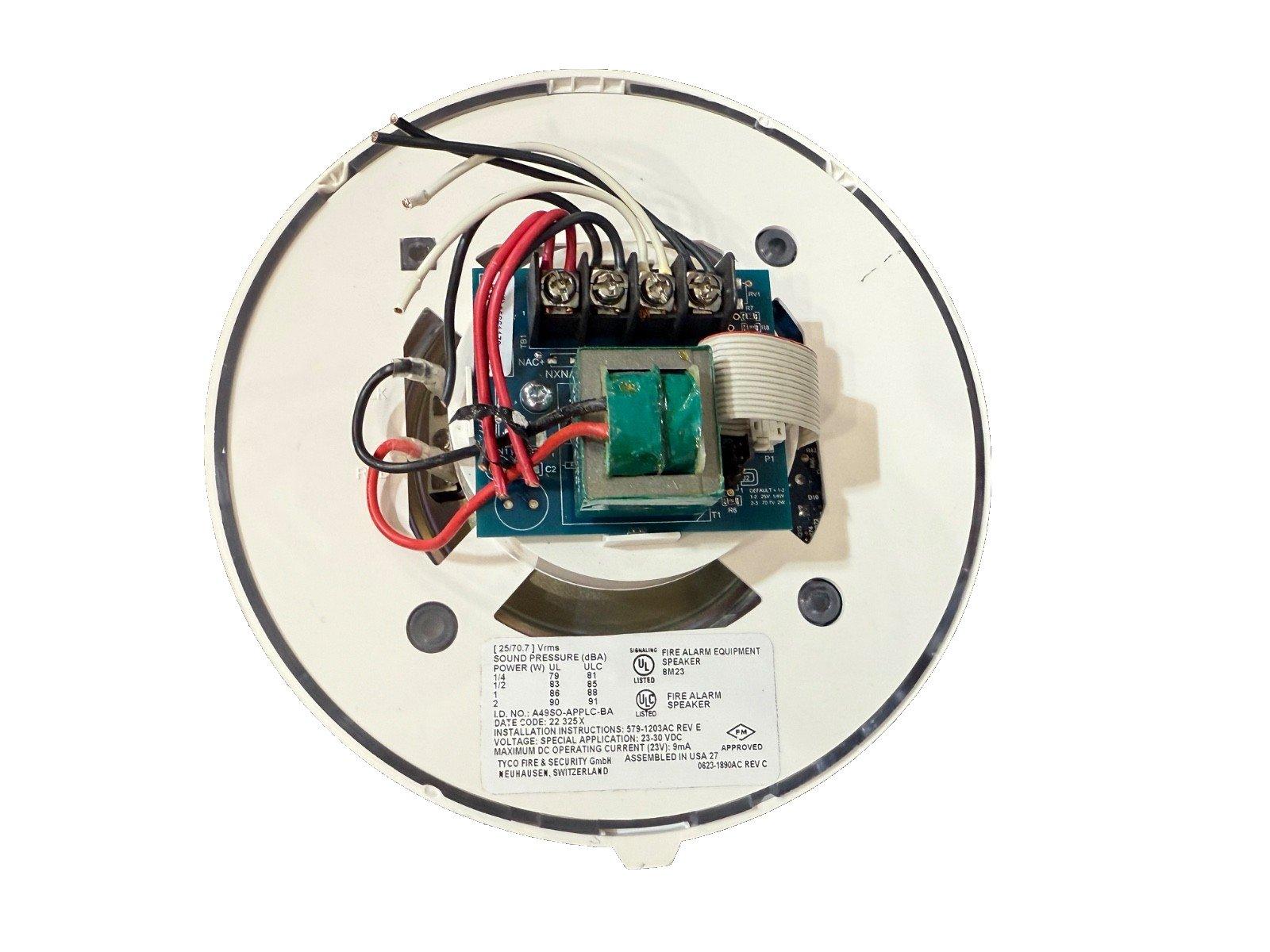 Fire alarm speaker with wiring and circuit board, UL listed for safety compliance
