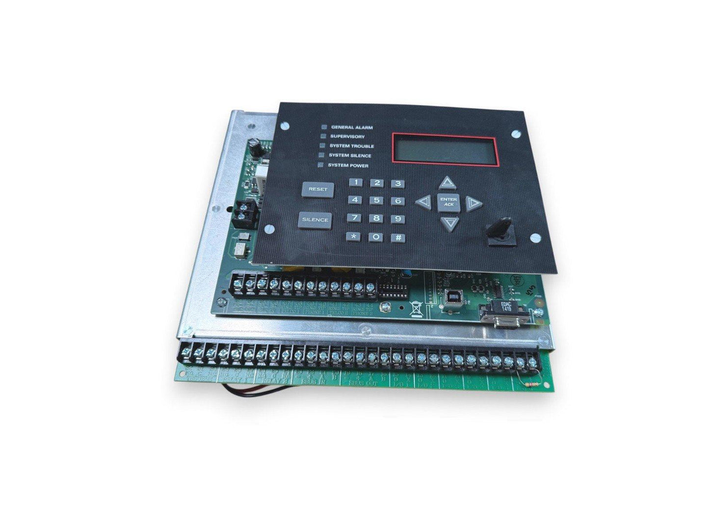 Fire alarm control panel with keypad, LCD display, and terminal connections for commercial security systems