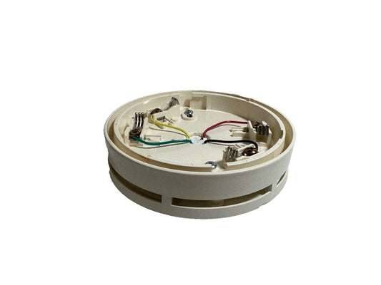Fire alarm base with wiring terminals and colored wires for smoke detector installation