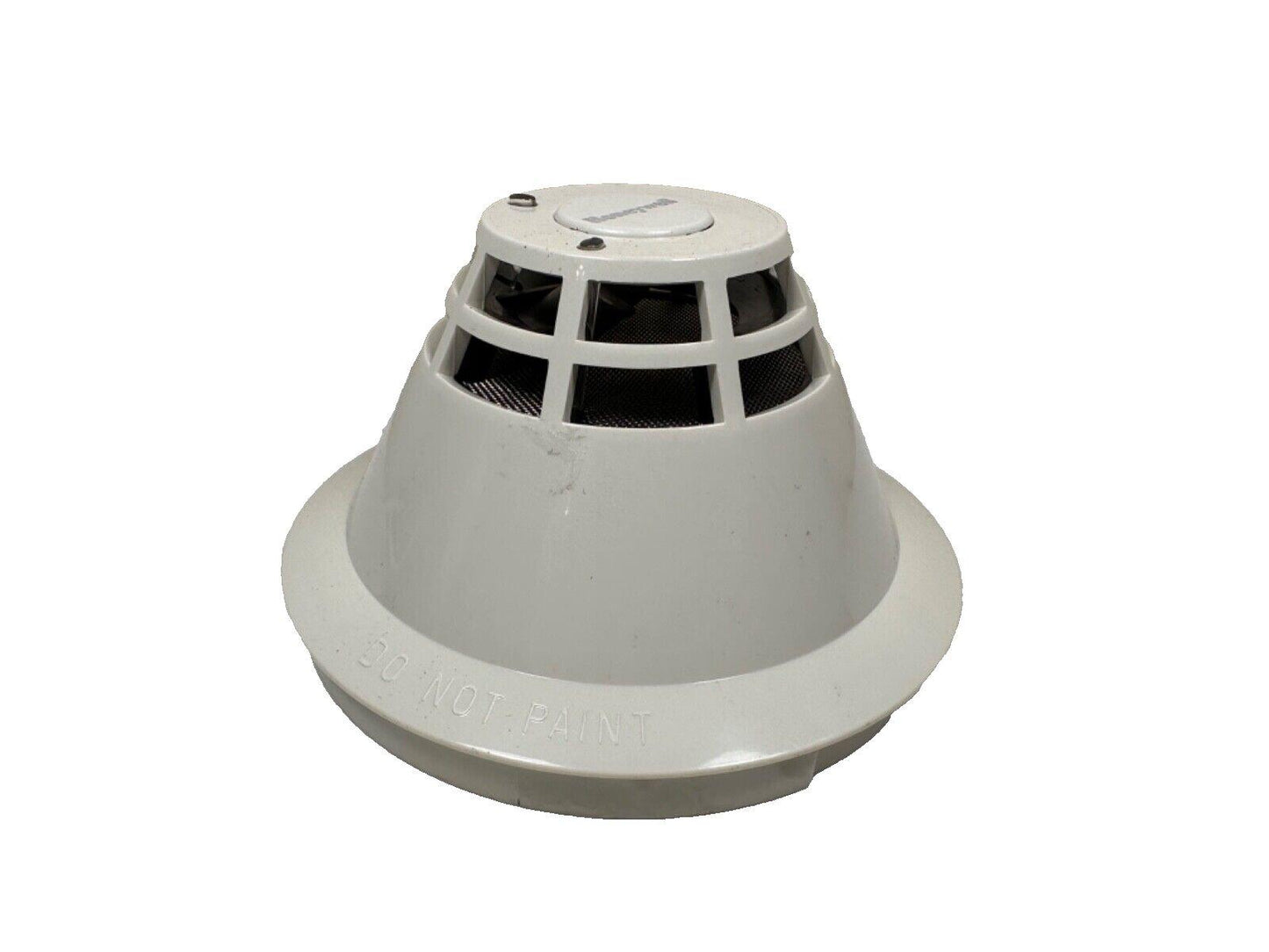 White fire alarm smoke detector with 'DO NOT PAINT' label, used fire safety equipment