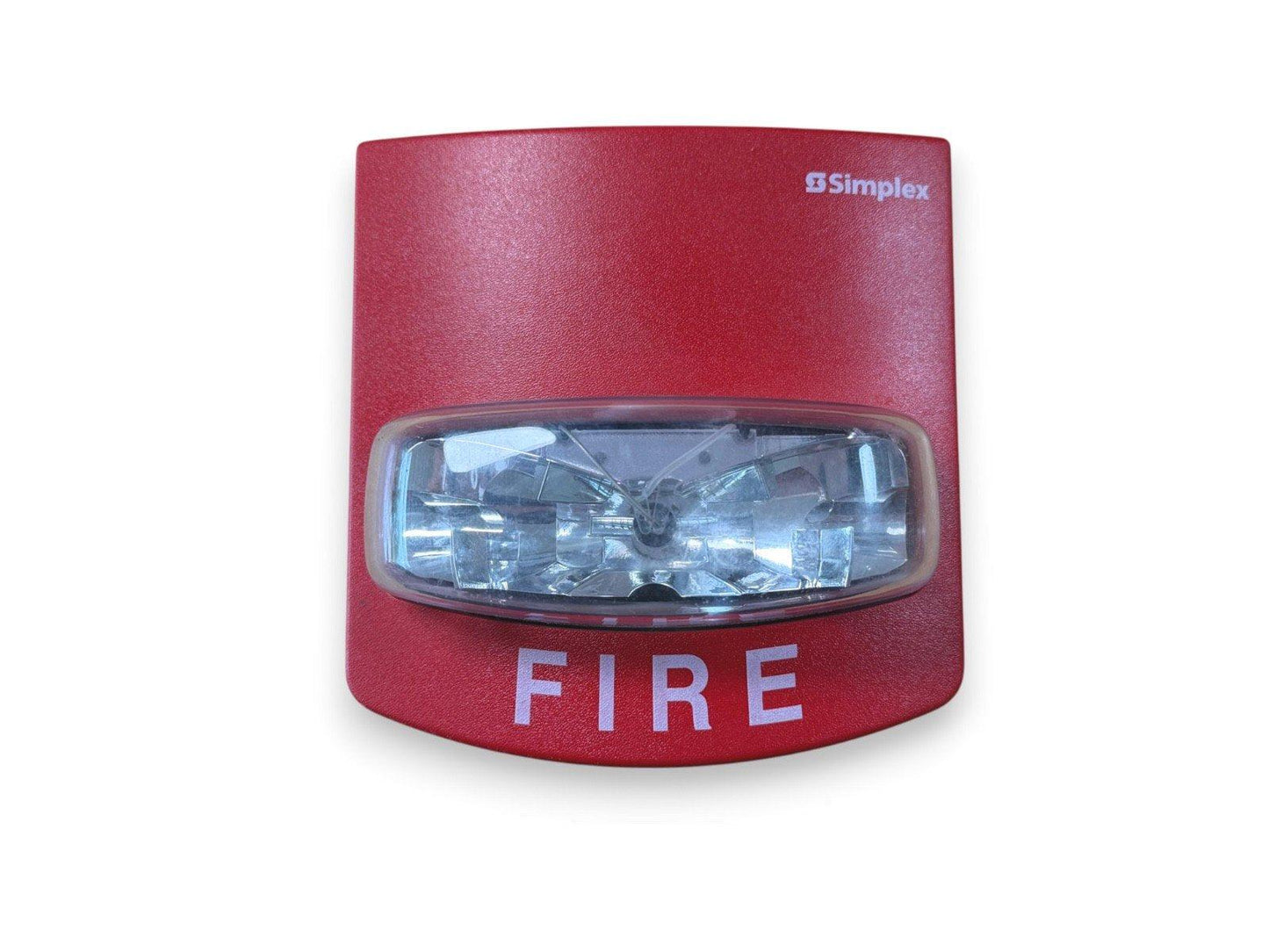 Red Simplex fire alarm strobe light with clear lens and bold FIRE label for emergency warning systems