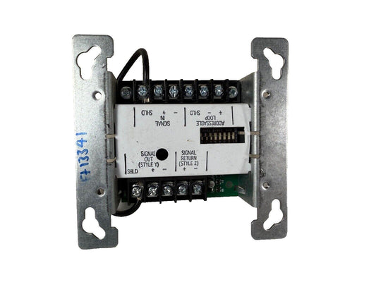 Addressable fire alarm module with terminal connections and DIP switches for signal input/output