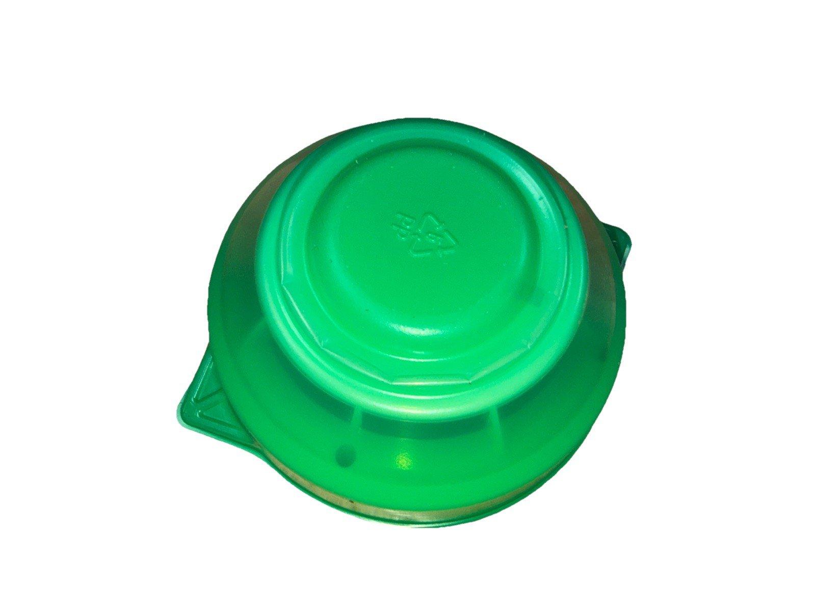 Green plastic fire alarm detector base with mounting tabs and recycling symbol