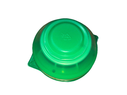 Green plastic fire alarm detector base with mounting tabs and recycling symbol