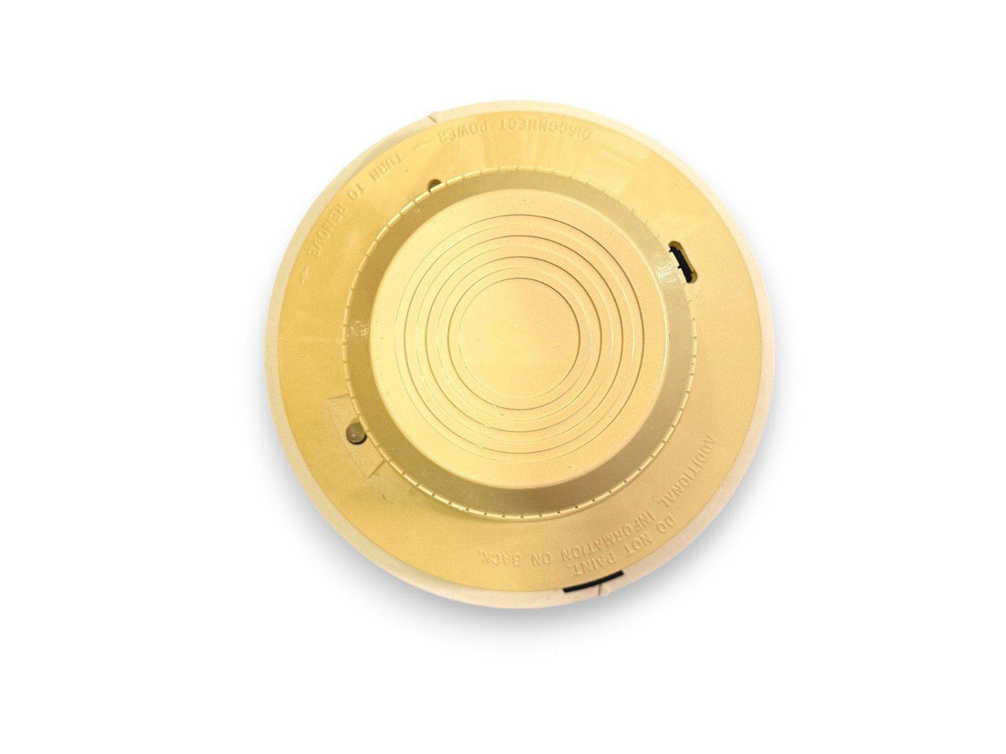 Yellow fire alarm detector base with mounting slots and power disconnect label
