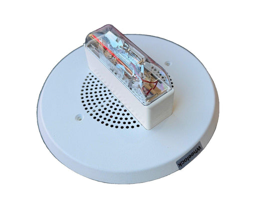 Wheelock fire alarm strobe light with speaker, white ceiling mount for emergency notification systems