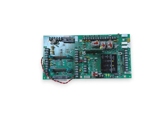 Fire alarm control panel circuit board with connectors and indicators for fire safety systems