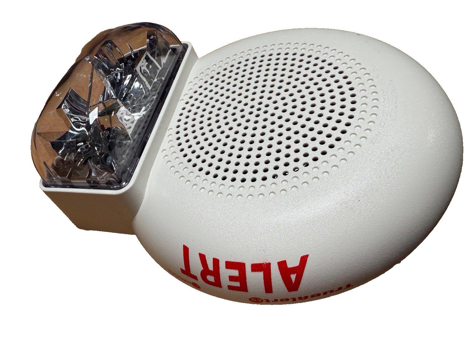 White fire alarm strobe with red ALERT text and clear lens, for emergency warning systems