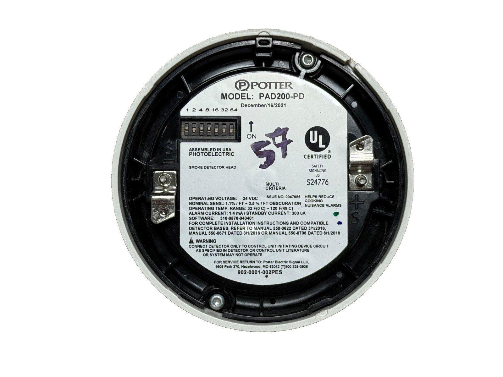 Potter PAD200-PD photoelectric smoke detector head, UL certified, 24VDC, assembled in USA
