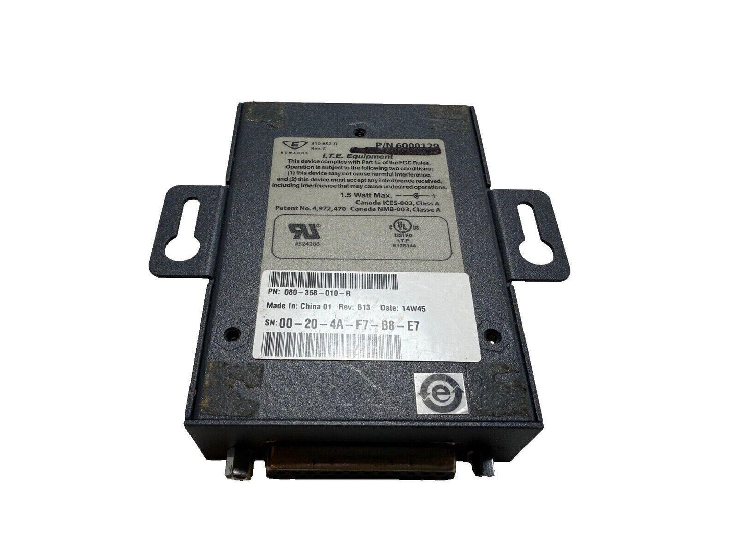 Used fire alarm control module with I.T.E. Equipment label, FCC compliant, UL listed, part number 6000129