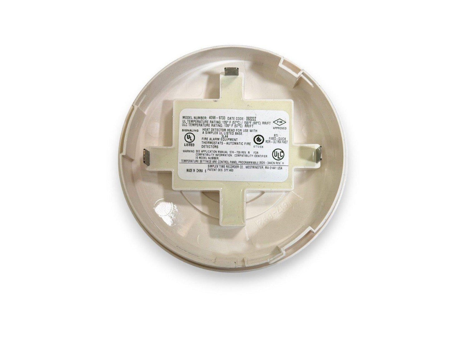 Simpex heat detector head for fire alarm systems, UL listed, model 4098-9733, compatible with Simplex bases