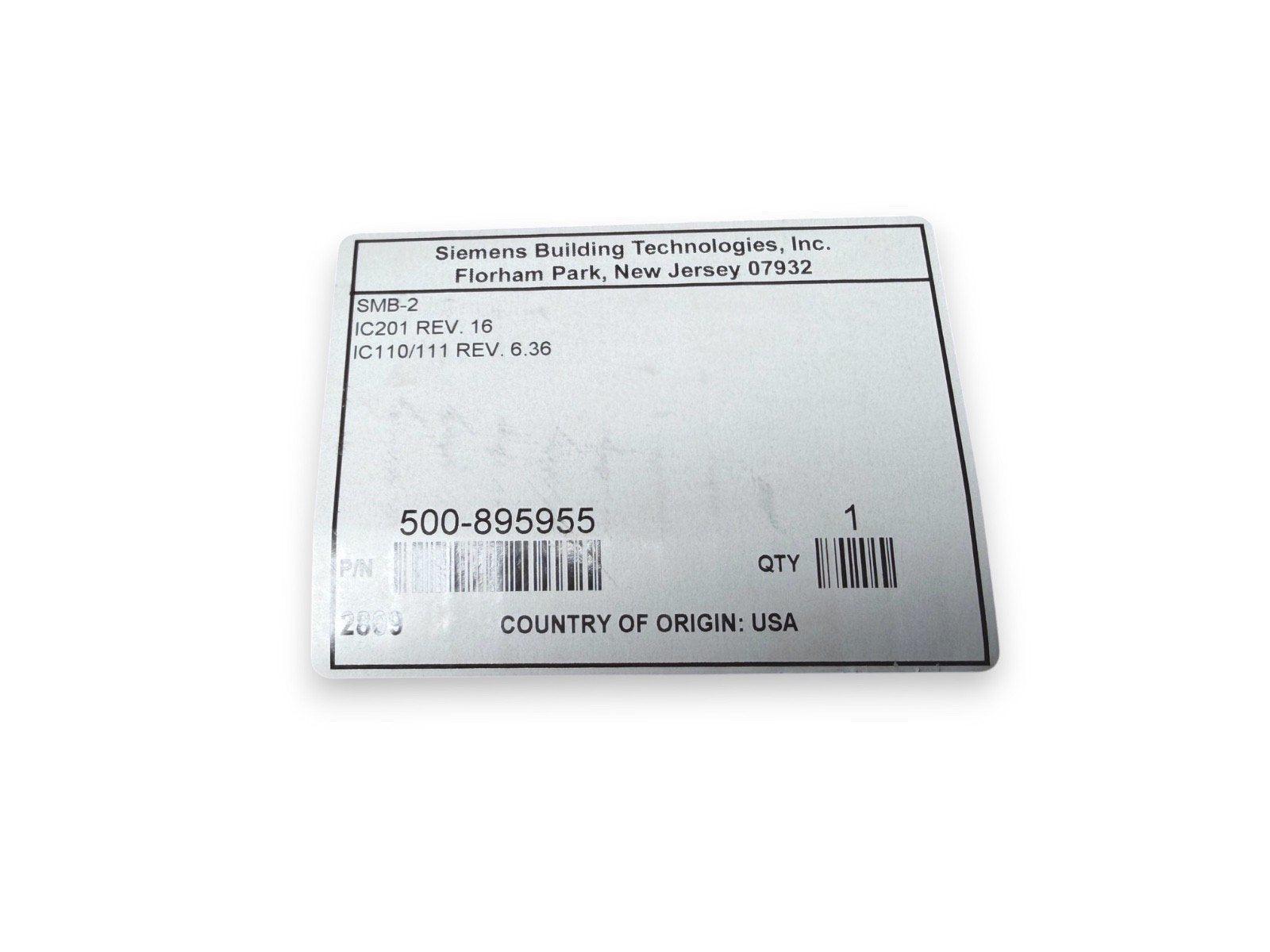 Siemens fire alarm label SMB-2, part #500-895955, USA made, for fire safety systems