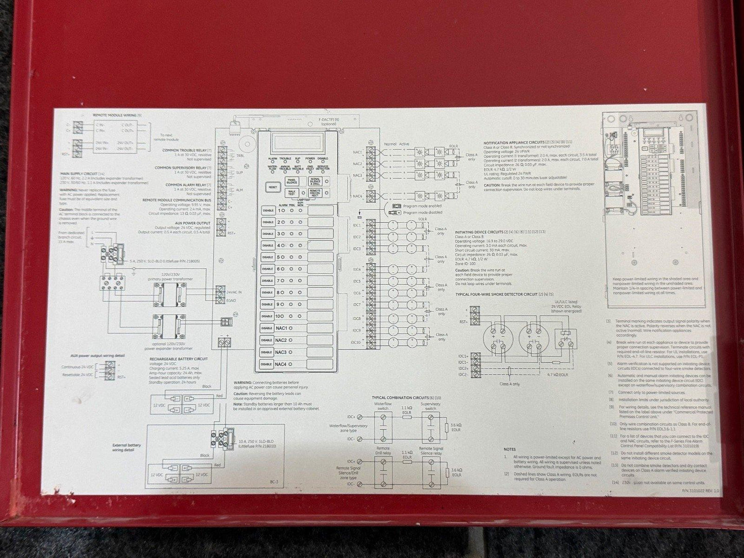 Fire alarm control panel wiring diagram with circuit labels and connection details for installation
