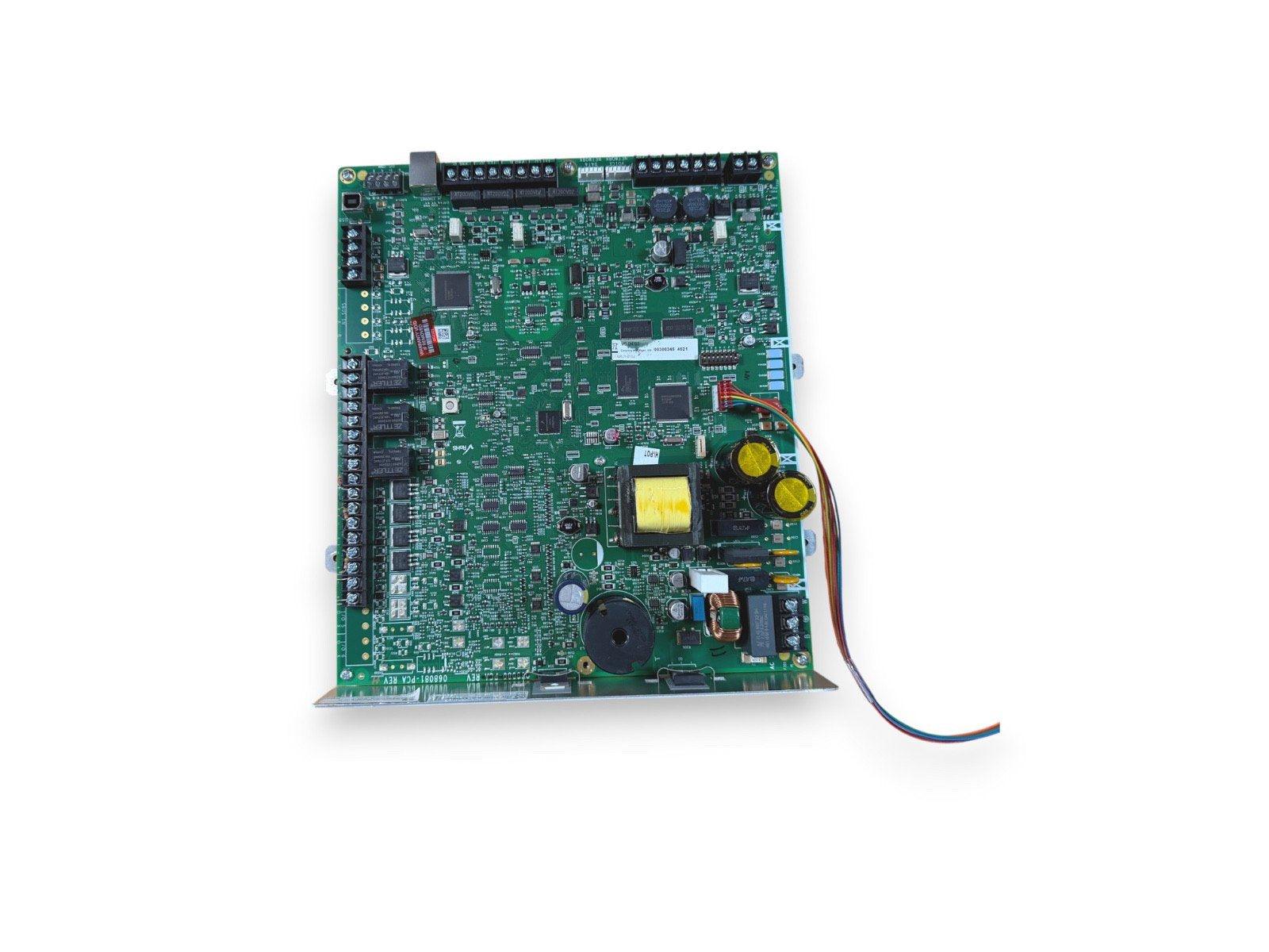 Fire alarm control panel circuit board with connectors and components for fire safety systems