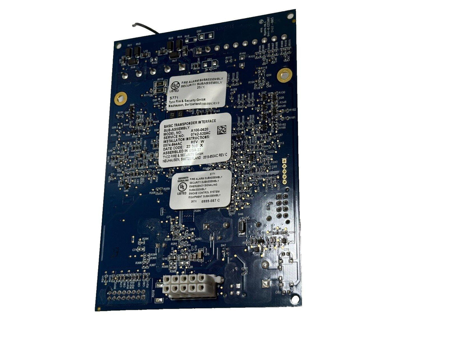 Tyco fire alarm circuit board with UL listed security subassembly labels, model A100-0620