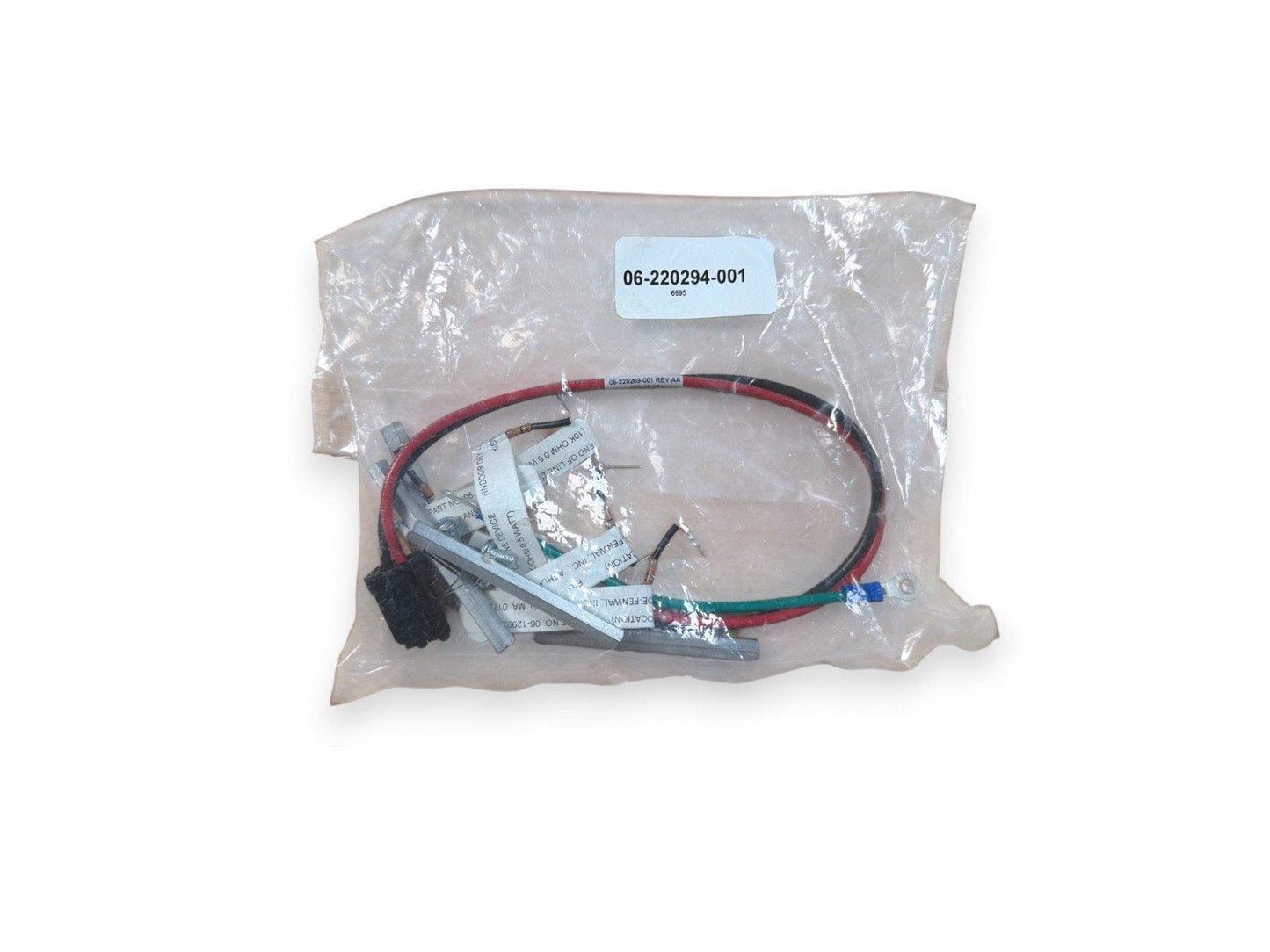 Fire alarm wiring kit with red, black, green wires and connectors in clear bag, part #06-220294-001