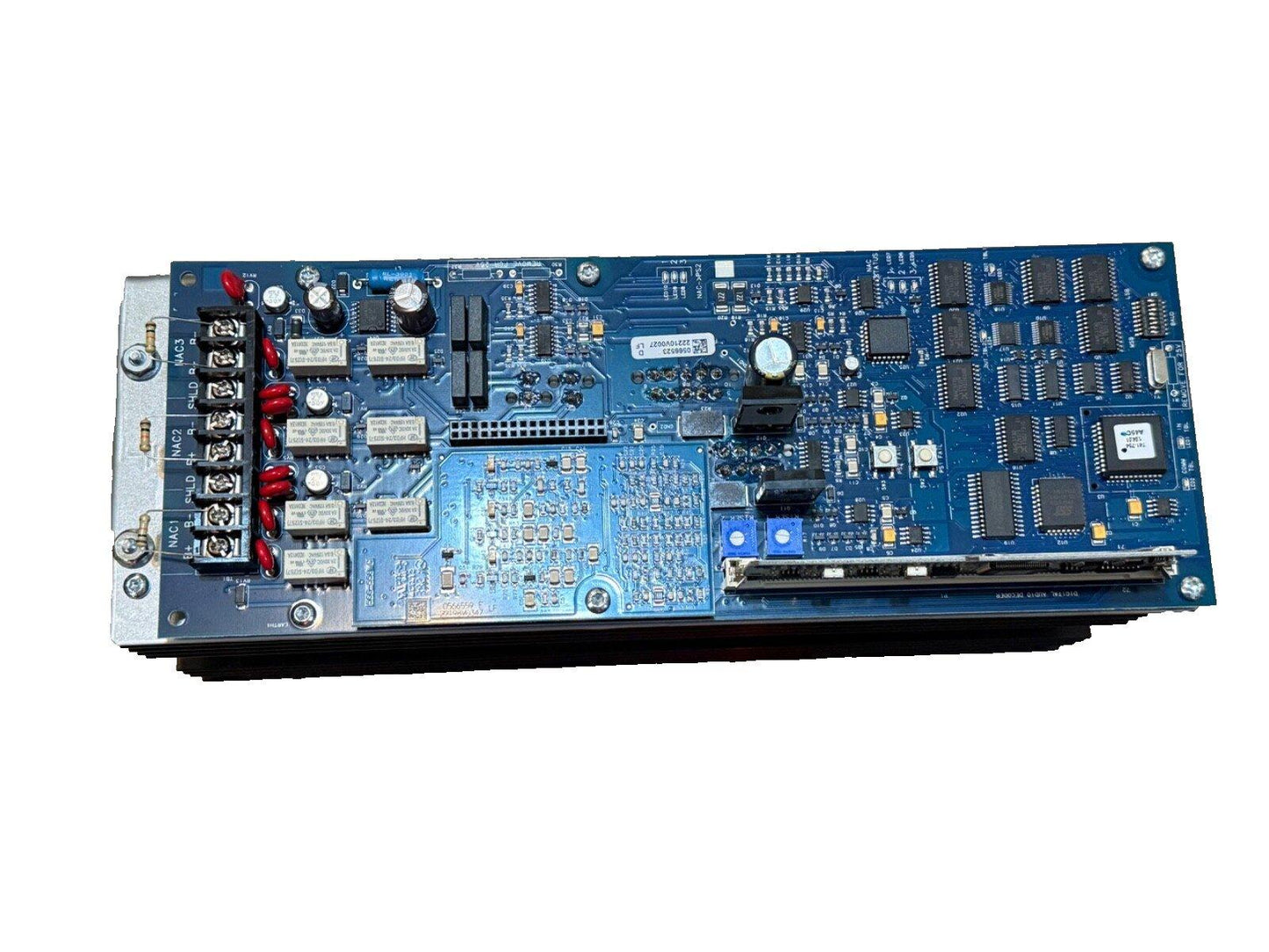 Fire alarm control panel circuit board with connectors and chips for fire safety systems
