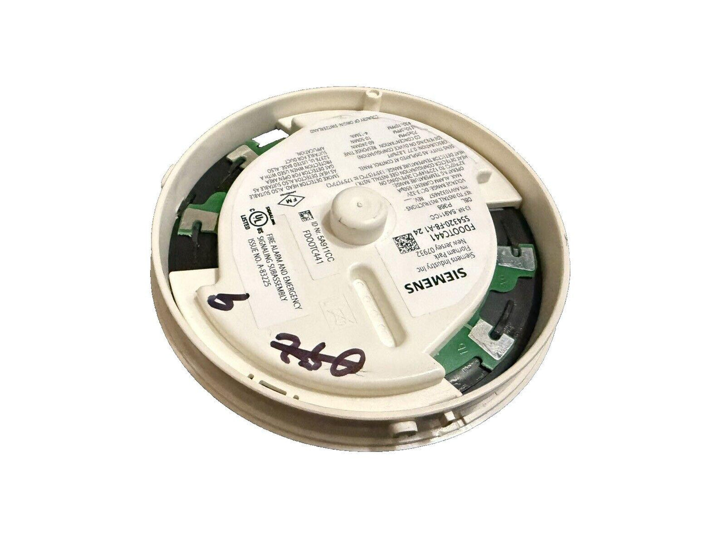 Siemens fire alarm smoke detector head, model FD00TC441, for emergency signaling and safety systems