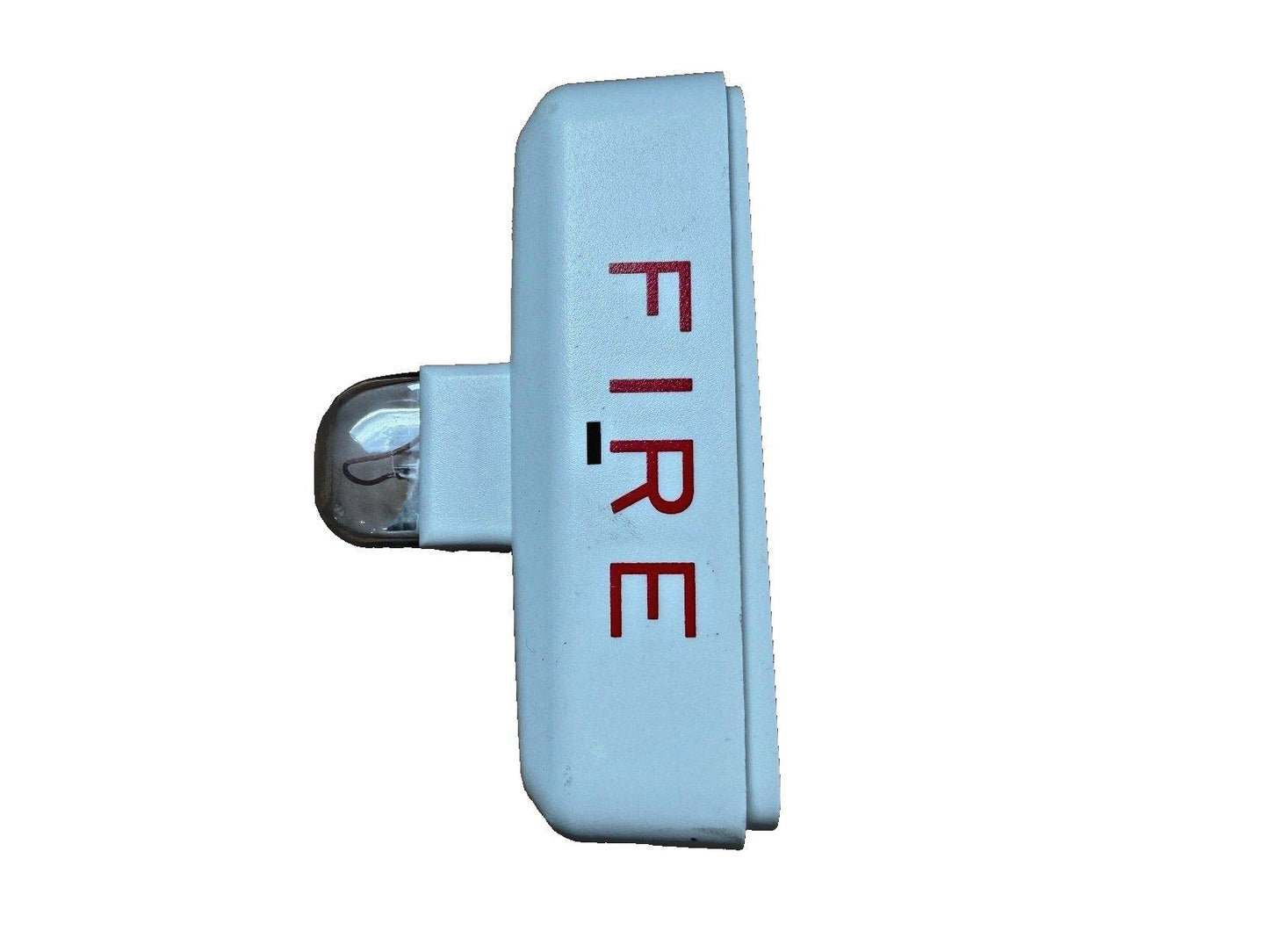 White fire alarm strobe light with red FIRE label, used for emergency warning systems