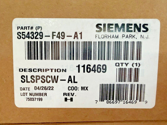Siemens fire alarm part S54329-F49-A1 SLSPSCW-AL label on box, new surplus equipment