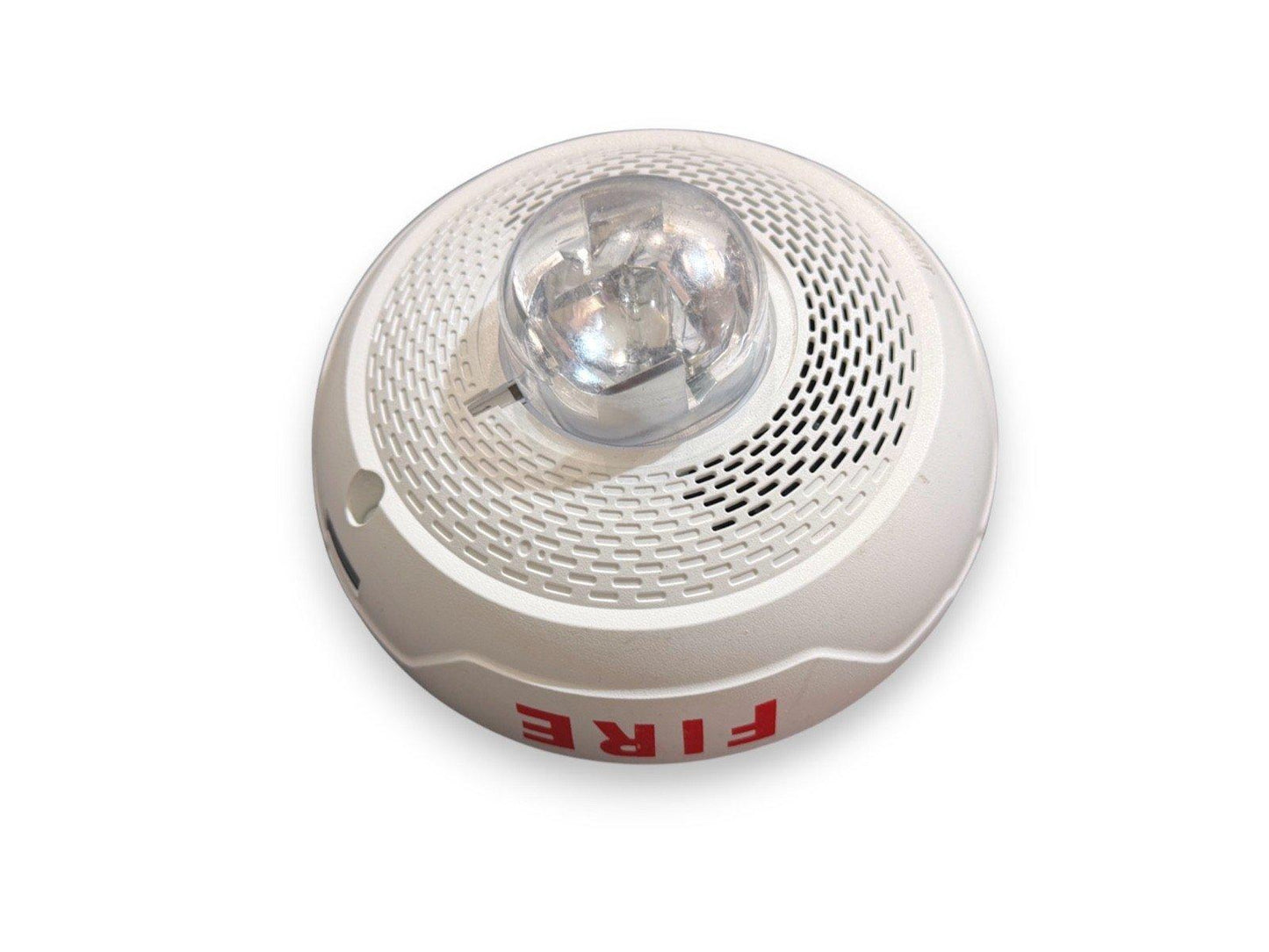 White fire alarm strobe light with red FIRE label, circular design and clear lens for emergency signaling