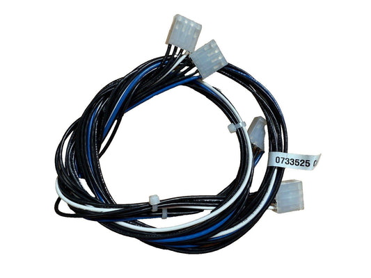 Coiled fire alarm wiring harness with black, blue, white cables and plastic connectors for system installation