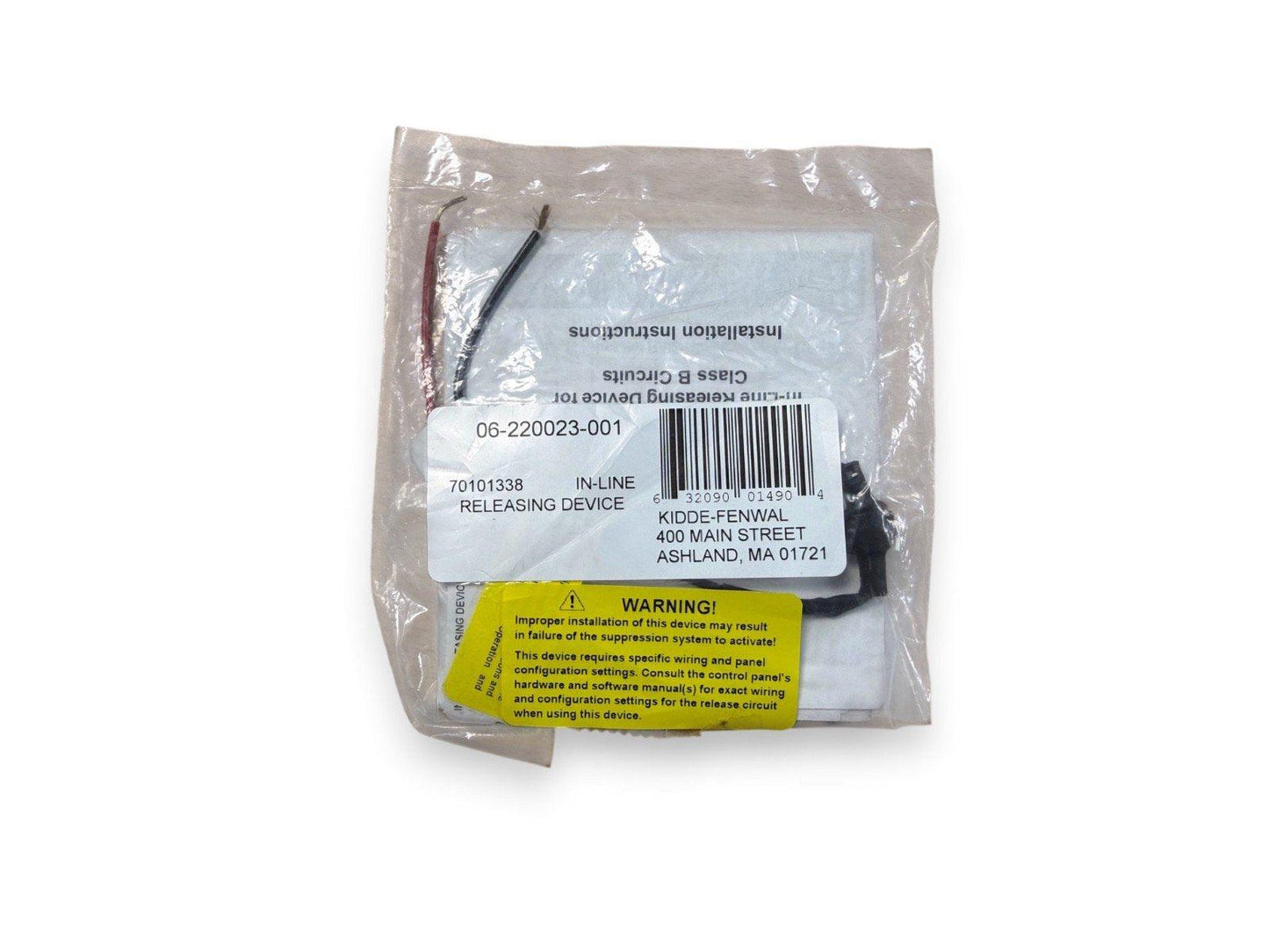 Kidde-Fenwal in-line releasing device for fire alarm systems, model 70101338, packaged with instructions and warning label.