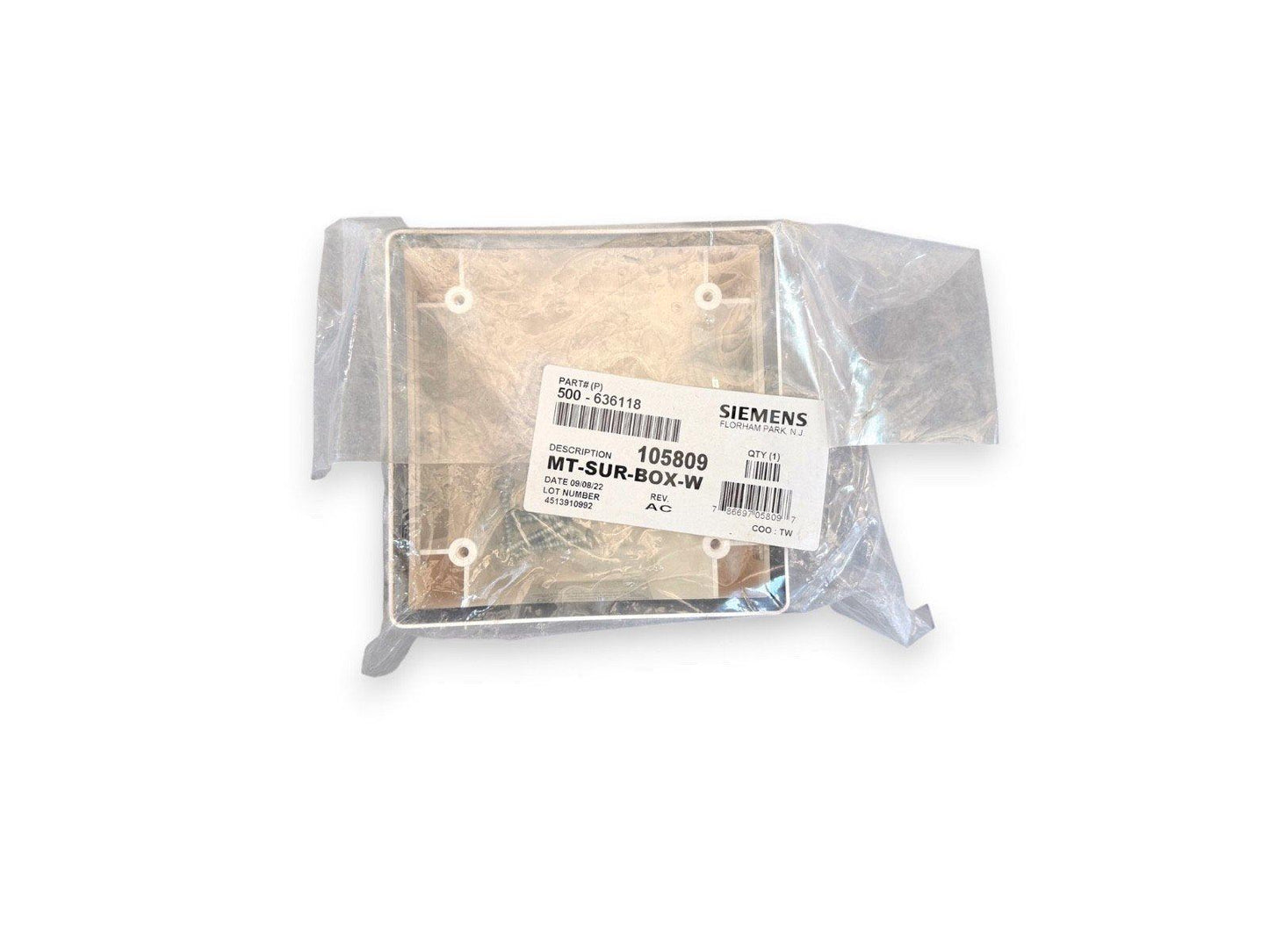 Siemens MT-SUR-BOX-W fire alarm mounting box, part #500-636118, sealed in plastic packaging