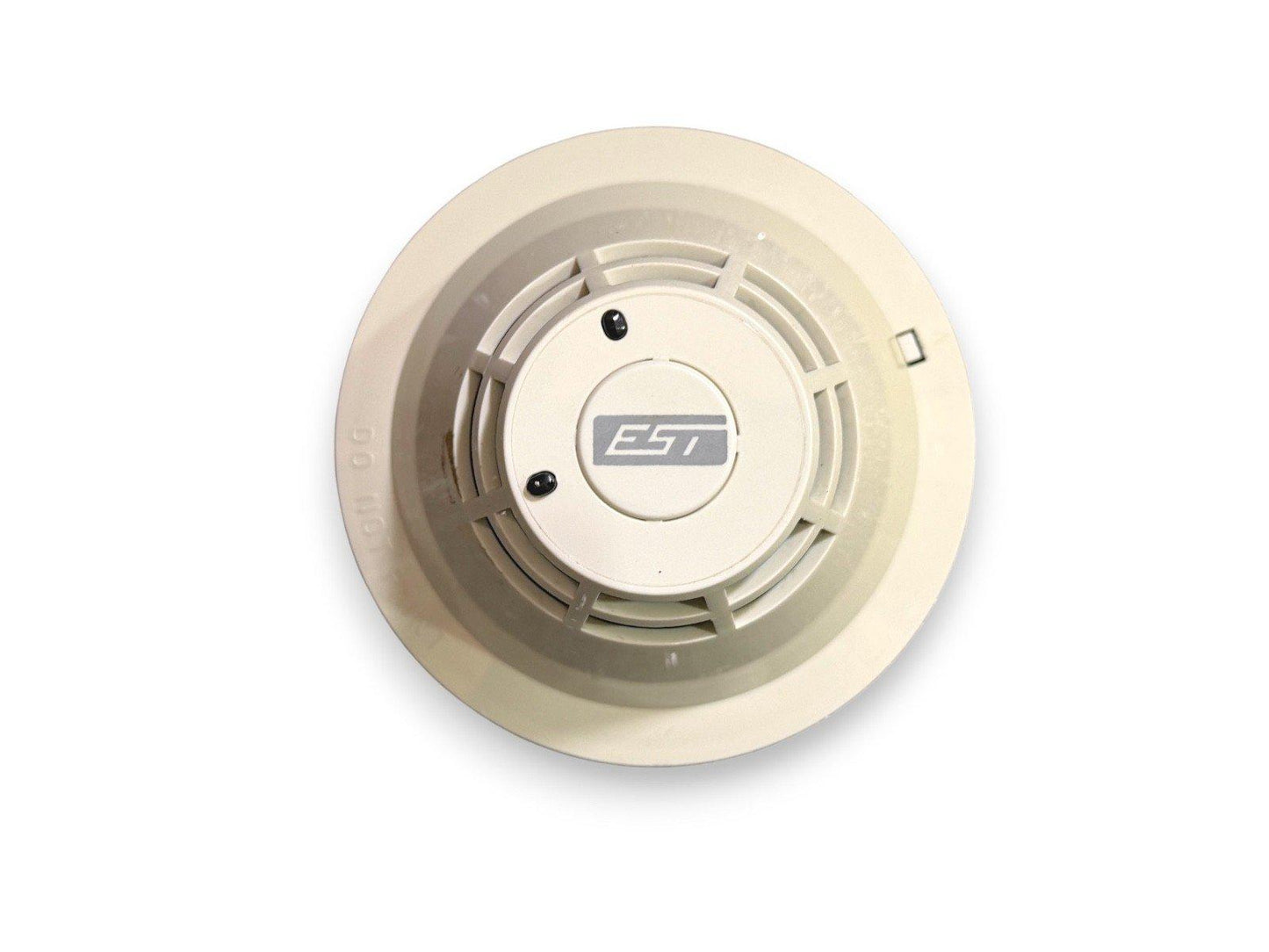 EST fire alarm detector with circular design and ventilation slots for smoke sensing