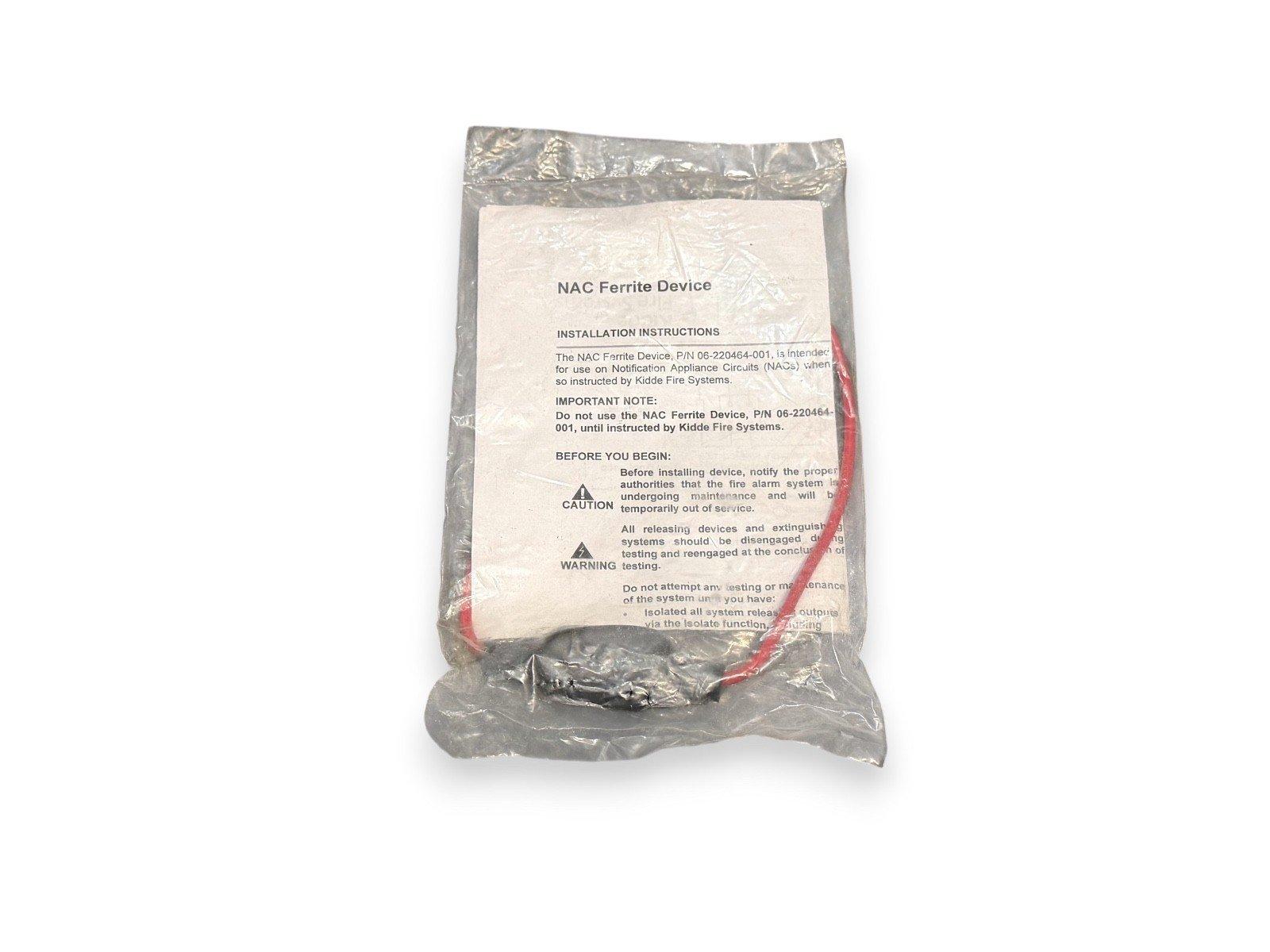 NAC Ferrite Device for fire alarm systems, packaged with installation instructions and red wiring