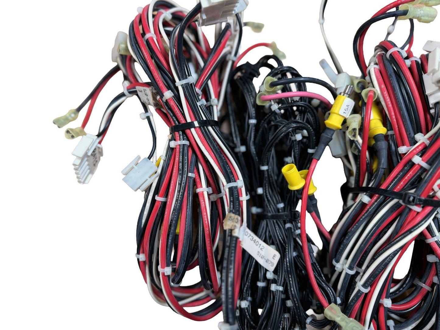 Fire alarm wiring harness with red, black, and white cables, connectors, and yellow terminals for system installation